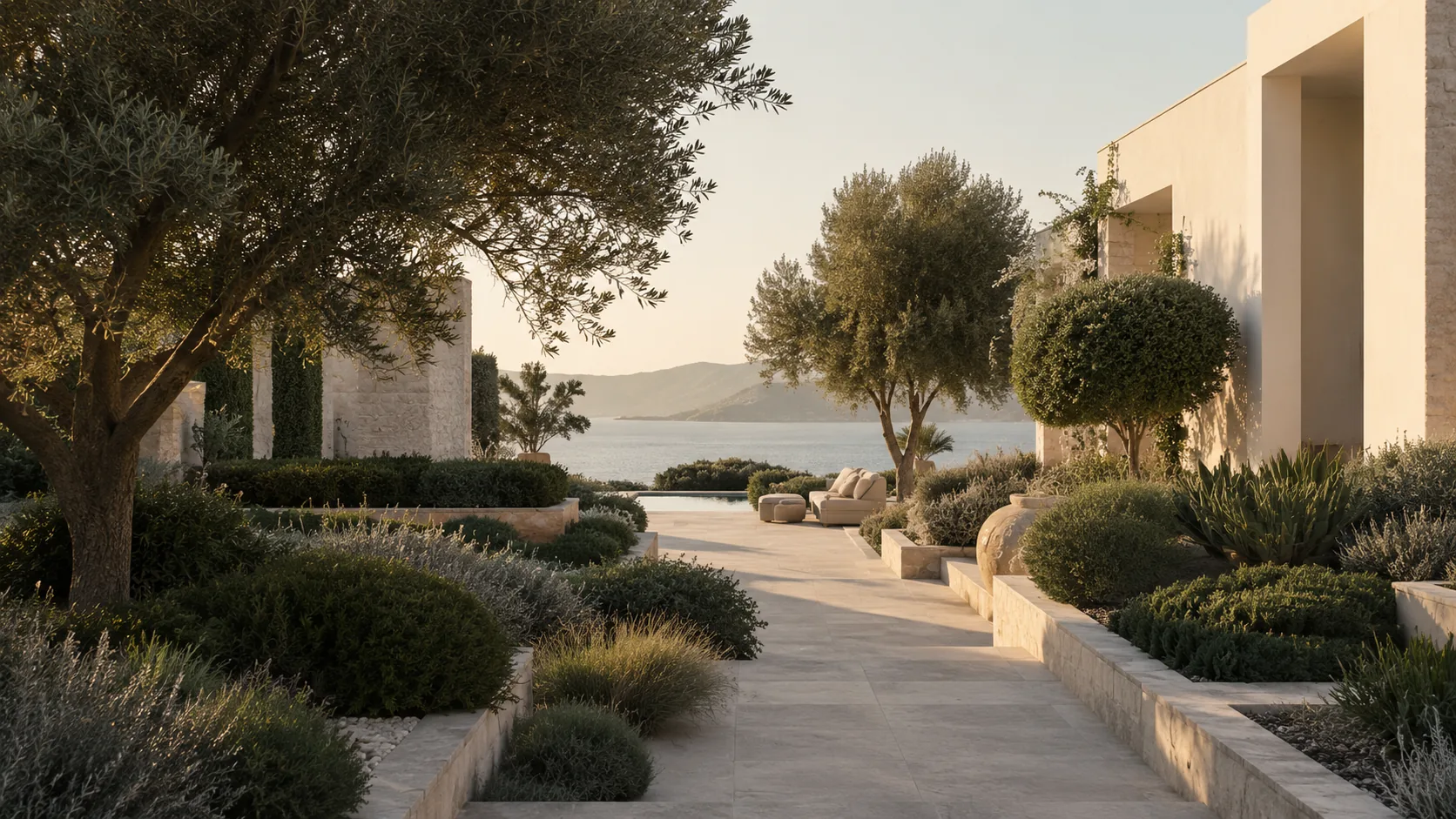 Mediterranean landscape framing a path toward the sea