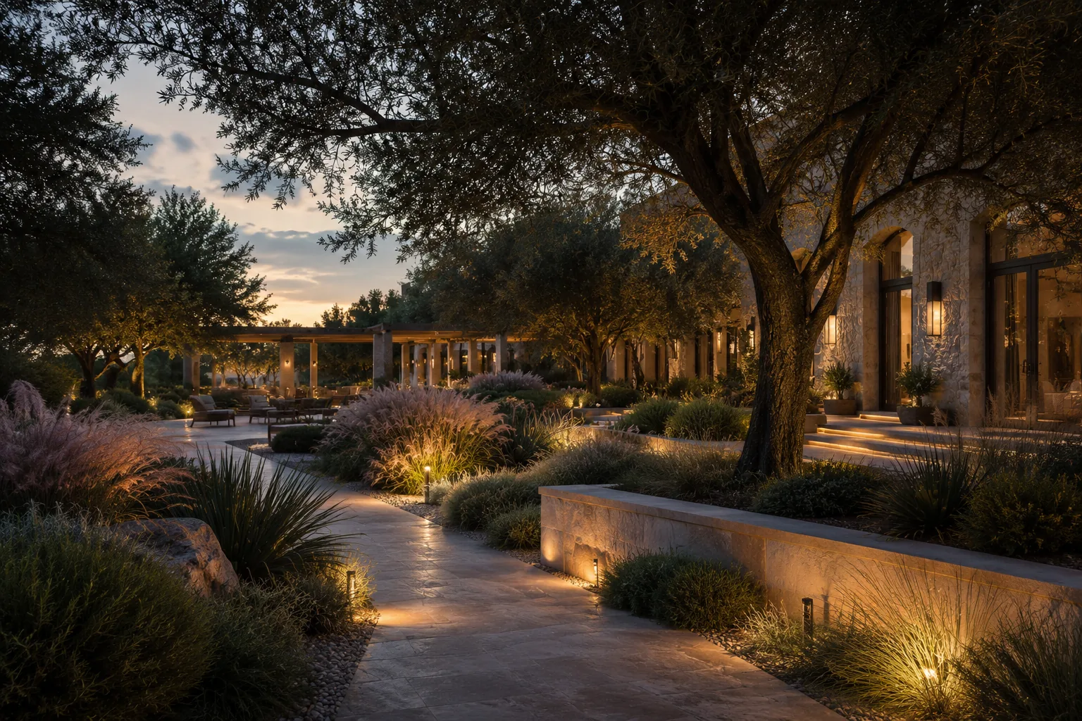 Landscape at dusk showing planting layers and integrated lighting