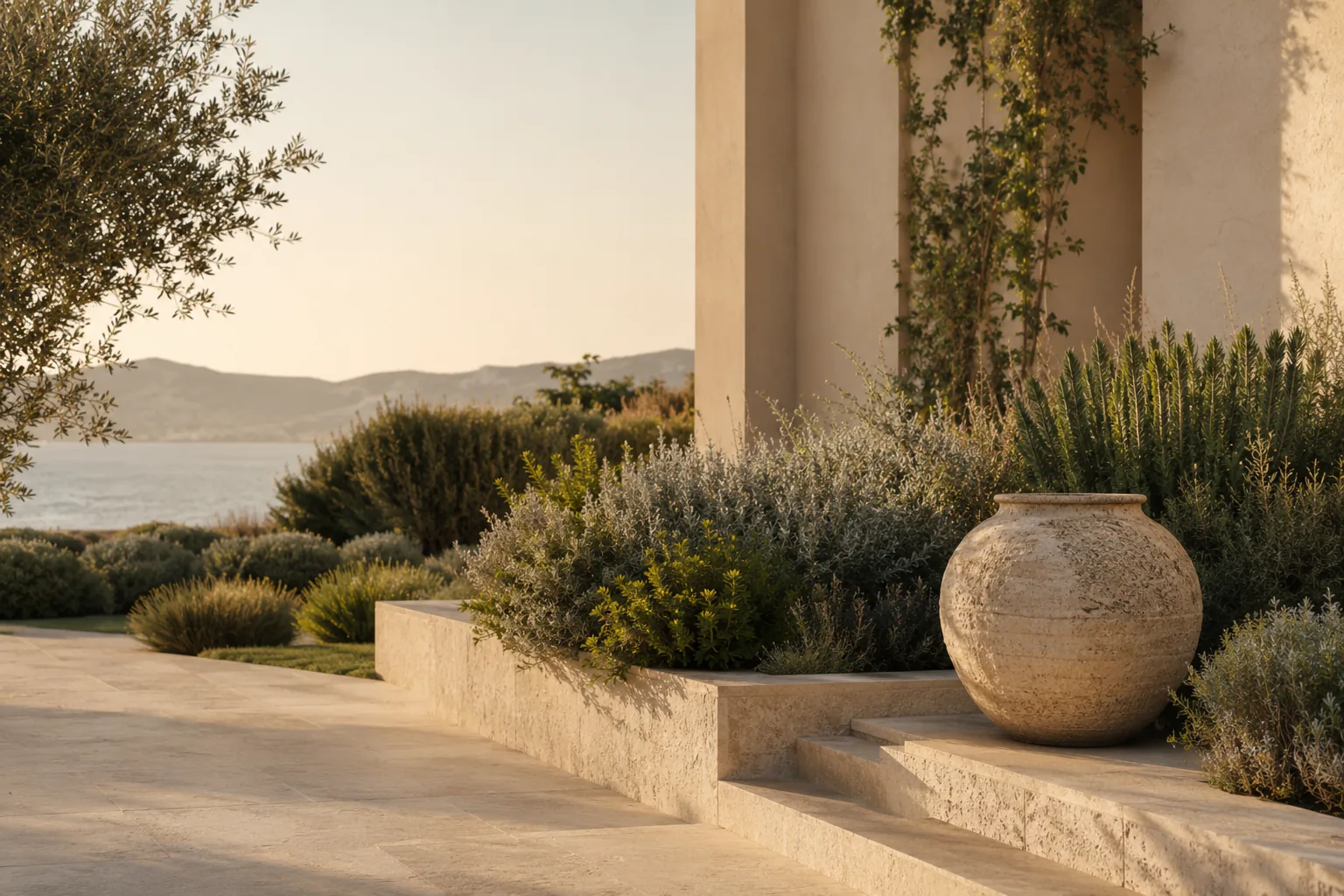 Detail of layered Mediterranean planting beside a stone terrace