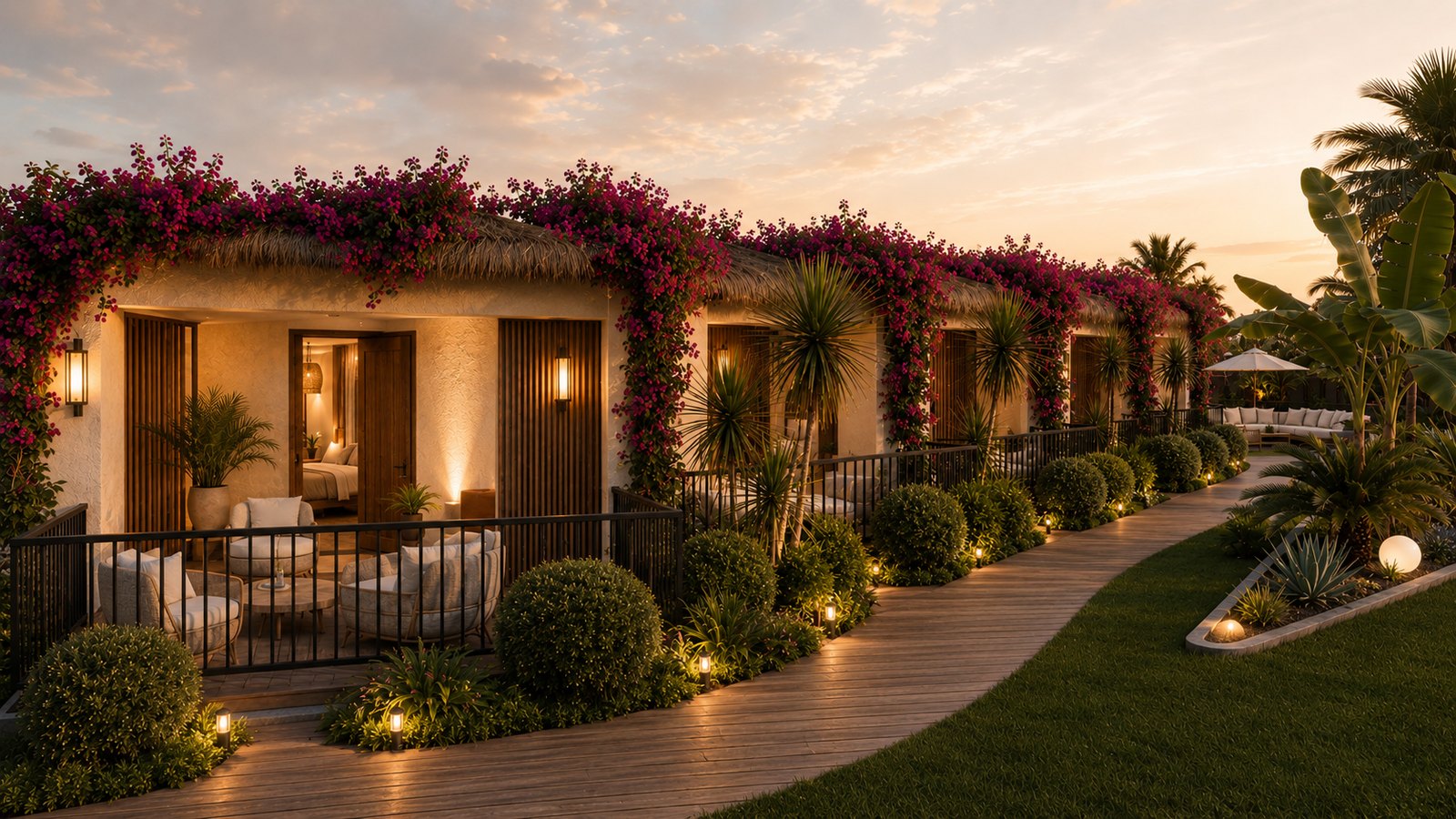 Planted circulation and flowering landscape beside accommodation units.
