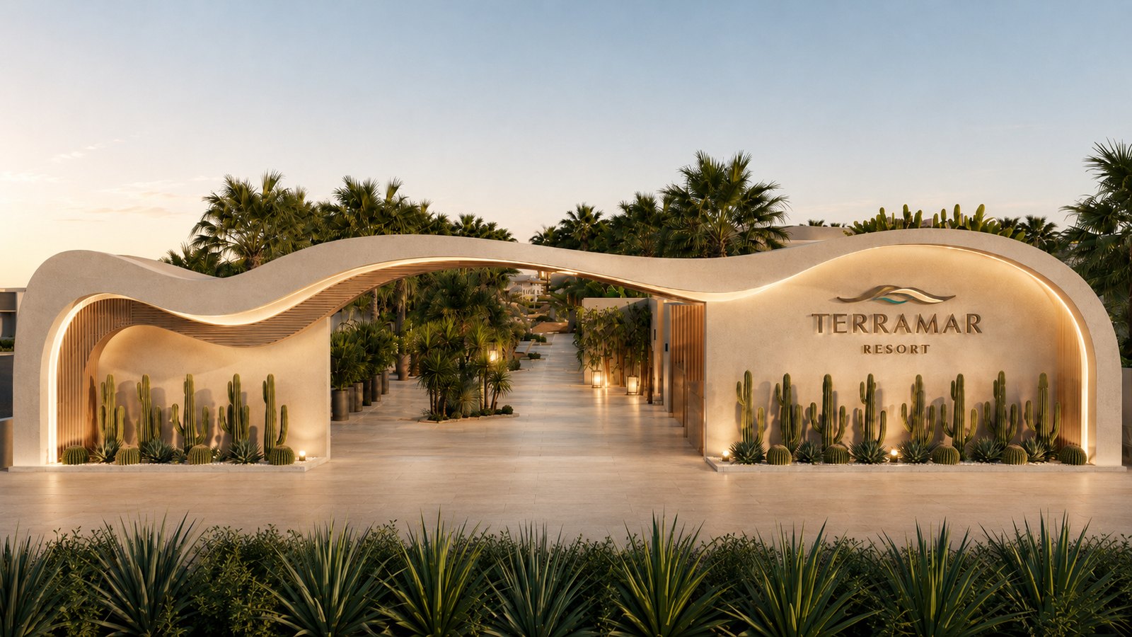 Curved resort entrance framed by low planting and palms.