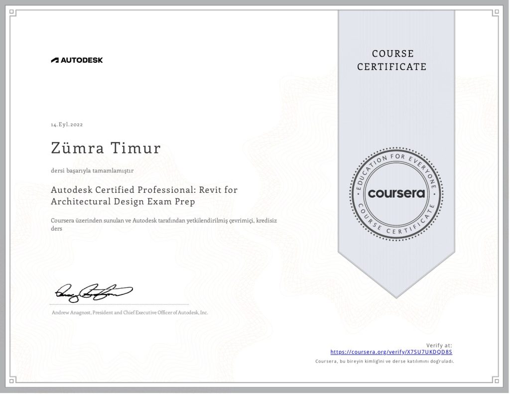 Certificate preview for Autodesk Certified Professional: Revit for Architectural Design Exam Prep.