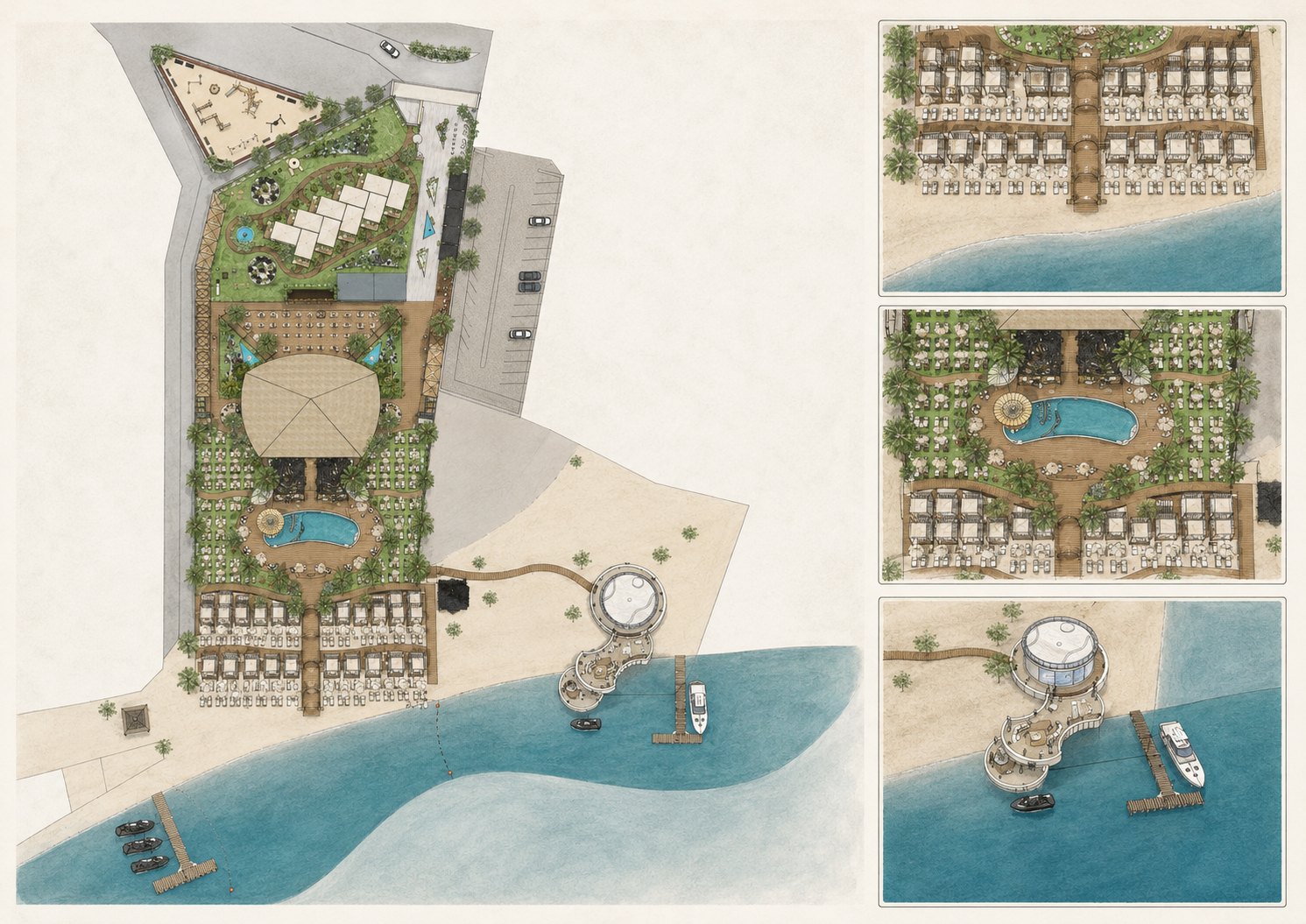 Coastal landscape board showing pool, beach and pier relationships.