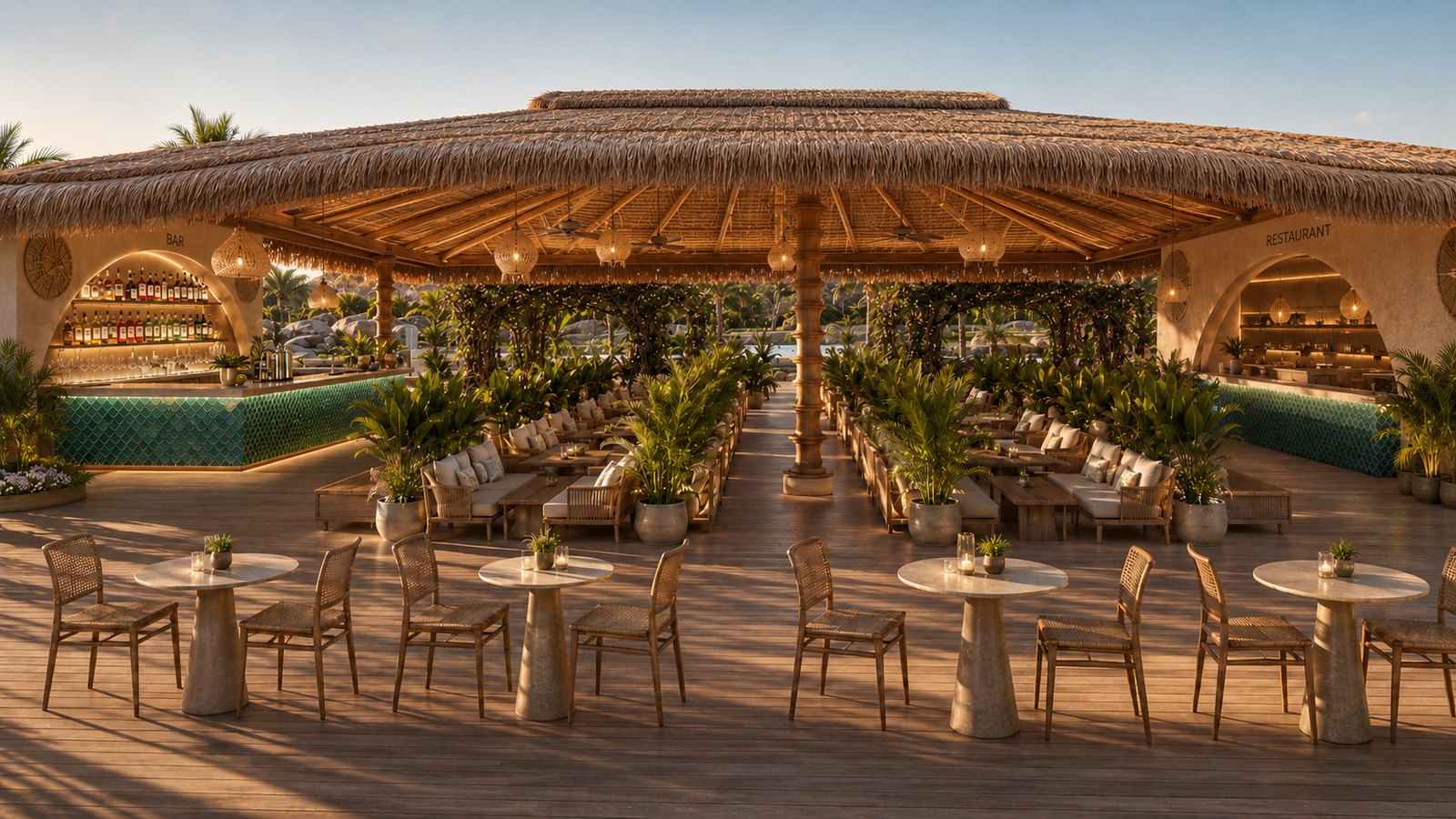 Open-air dining terrace beneath a woven roof with planted dividers.