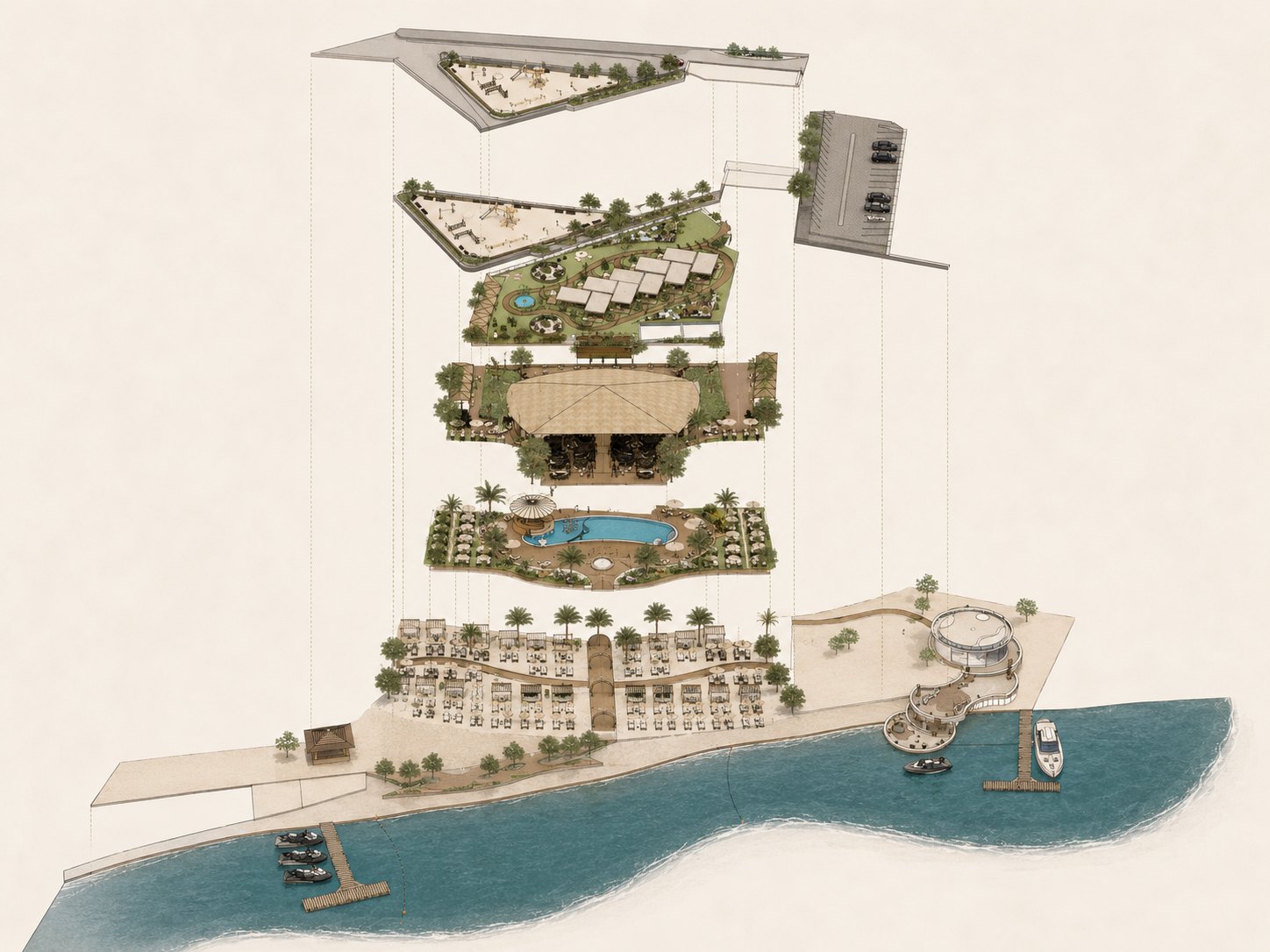 Exploded axonometric showing aligned landscape and programme layers.