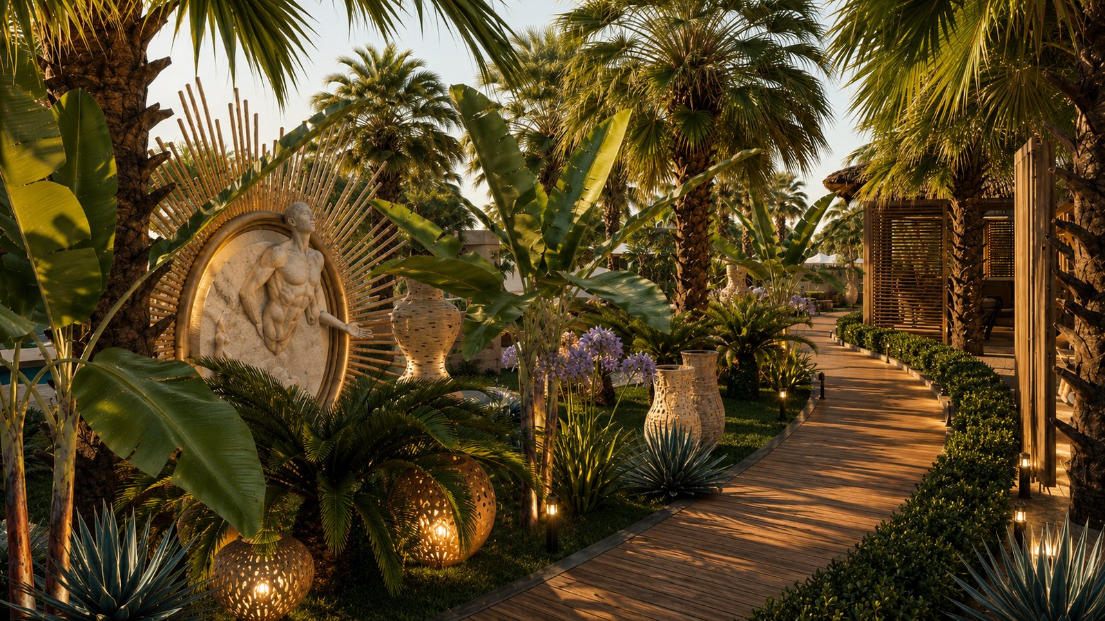 Layered palm, broad-leaf and rosette planting beside a timber path.