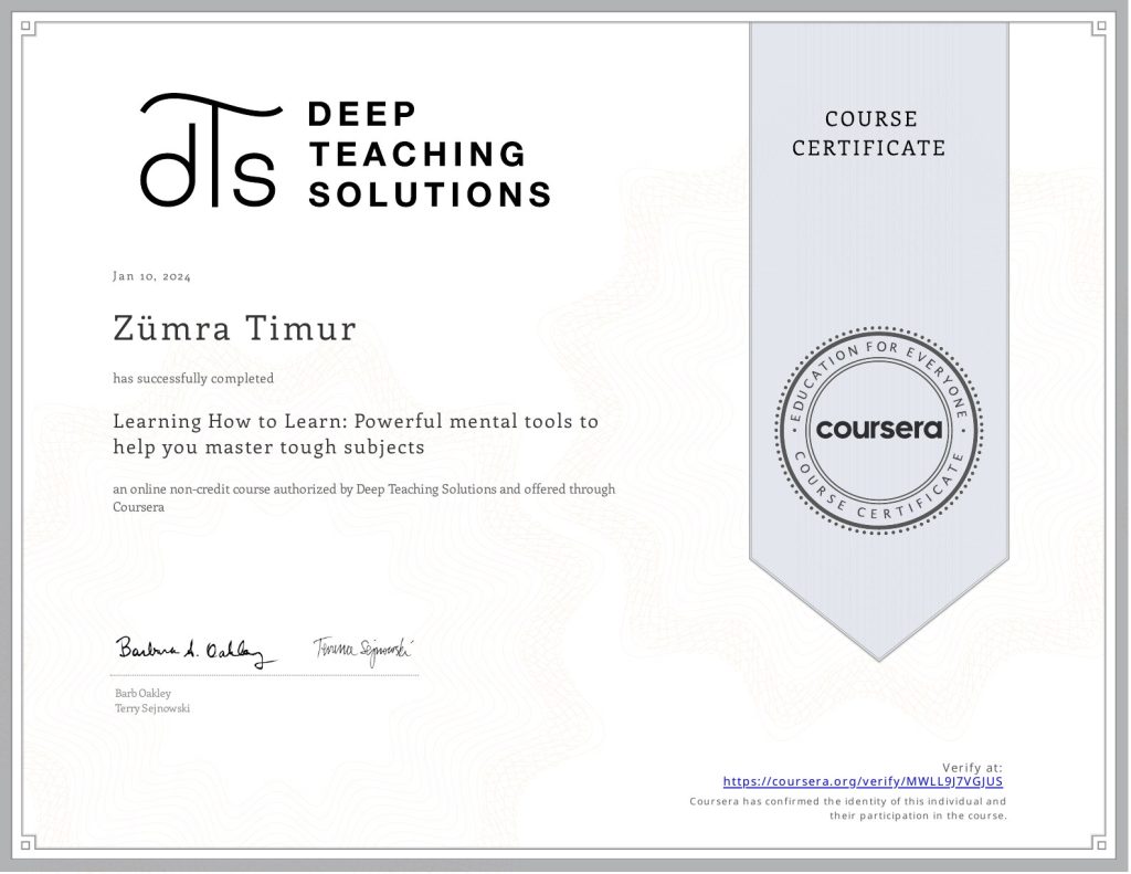Certificate preview for Learning How to Learn: Powerful mental tools to help you master tough subjects.