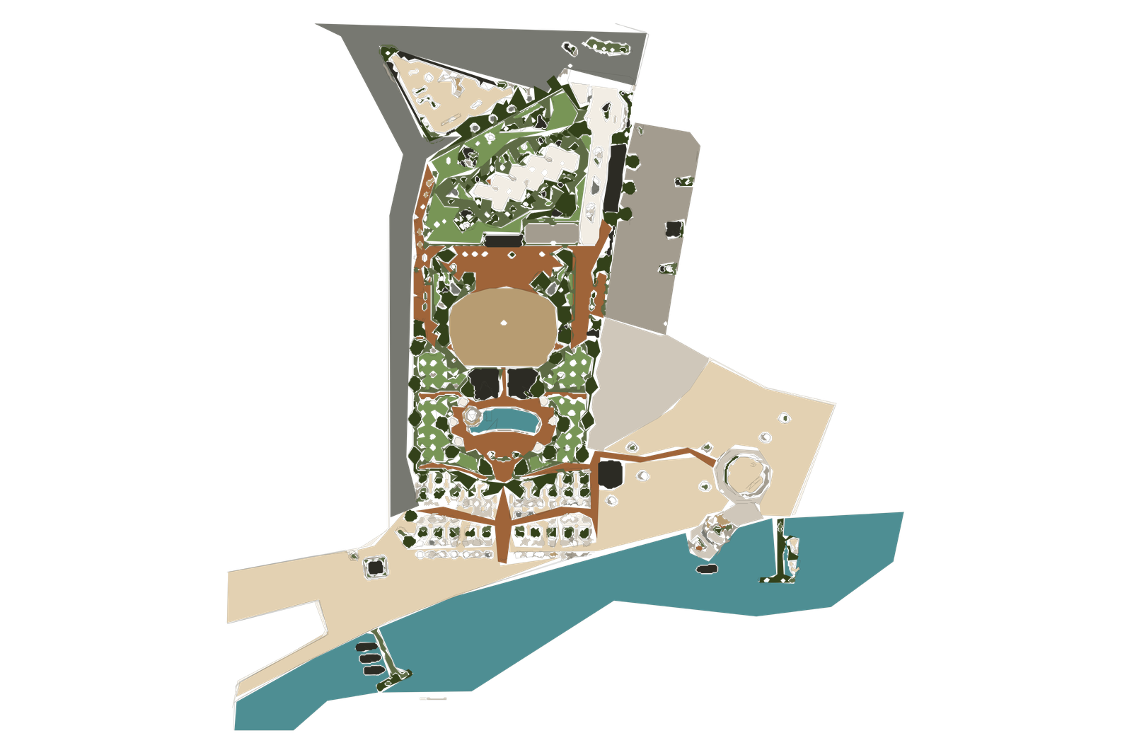 Portfolio masterplan illustrating arrival, gardens, dining, pool, beach and pier.