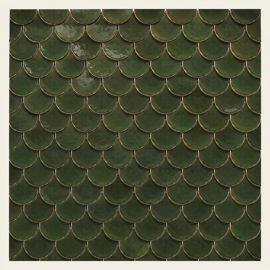 Olive-green glazed scallop tile sample.