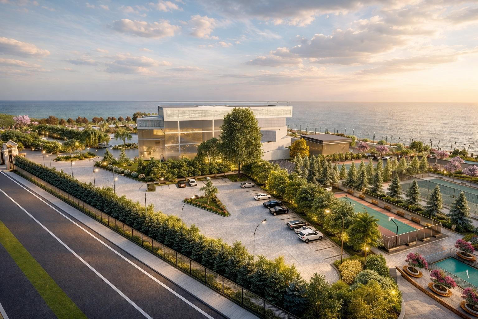Concept visualisation of the hotel arrival, parking, sports grounds and coastal approach.