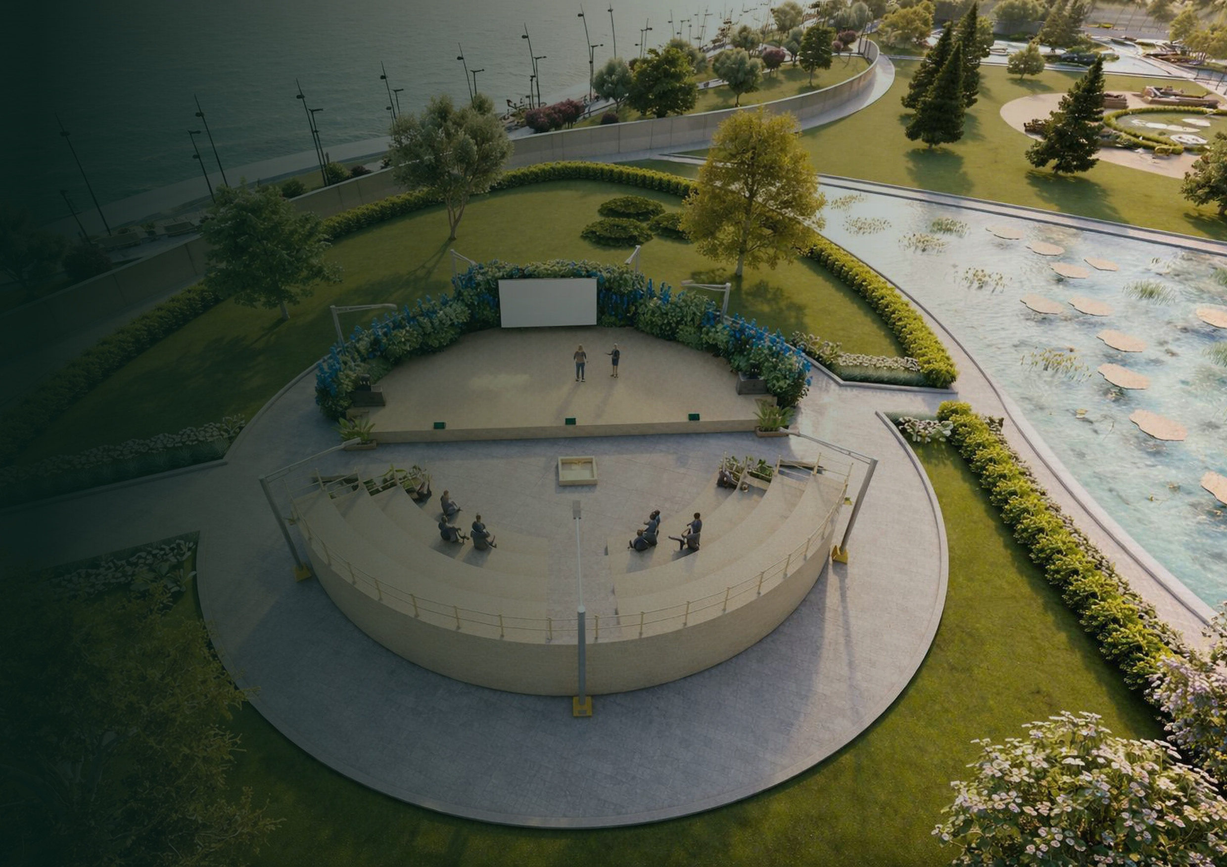 Aerial concept visualisation of the amphitheatre and water garden.