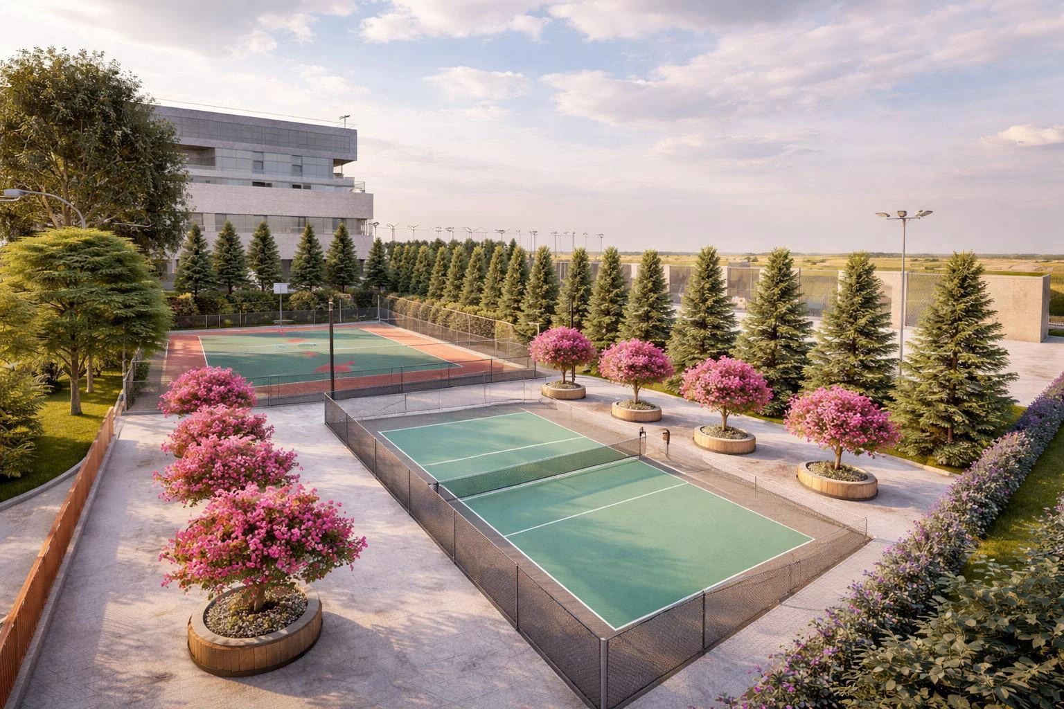 Sports grounds framed by planting.