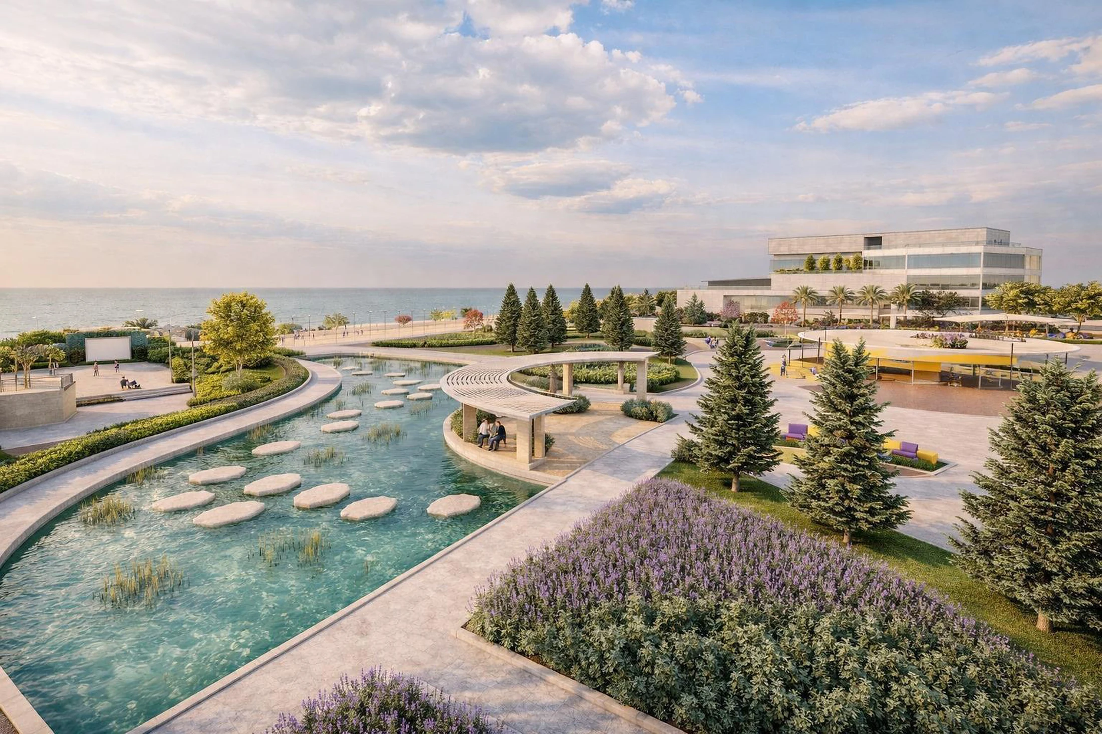 Water garden and planted pedestrian route.