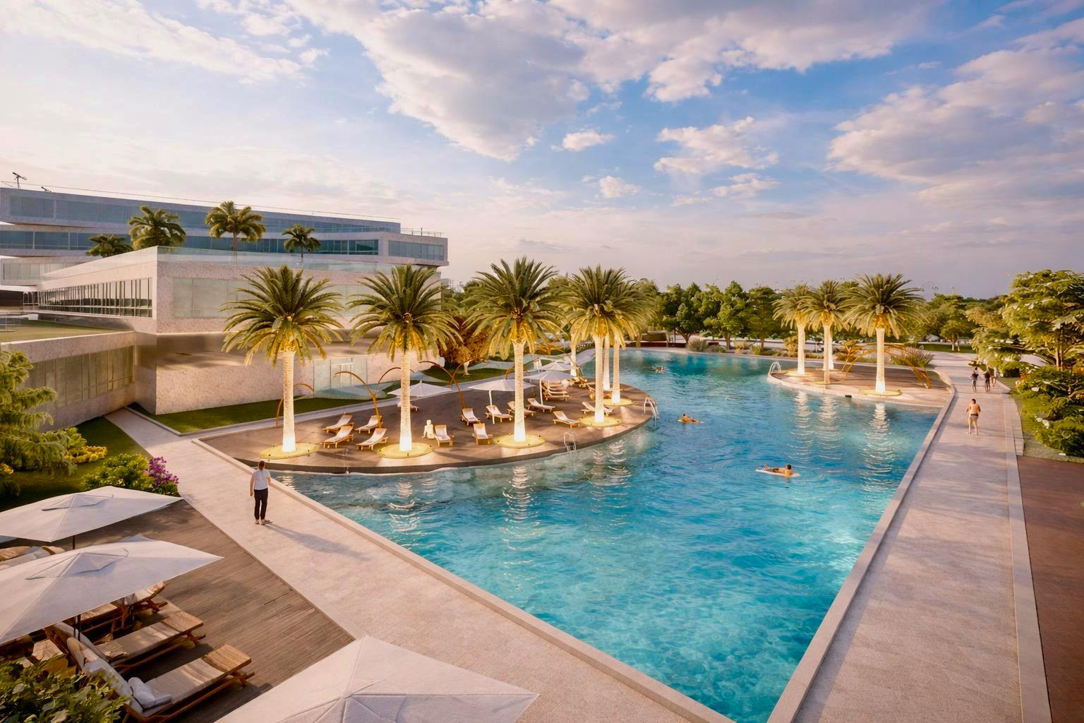 Concept visualisation of the pool and palm deck within the hospitality landscape.