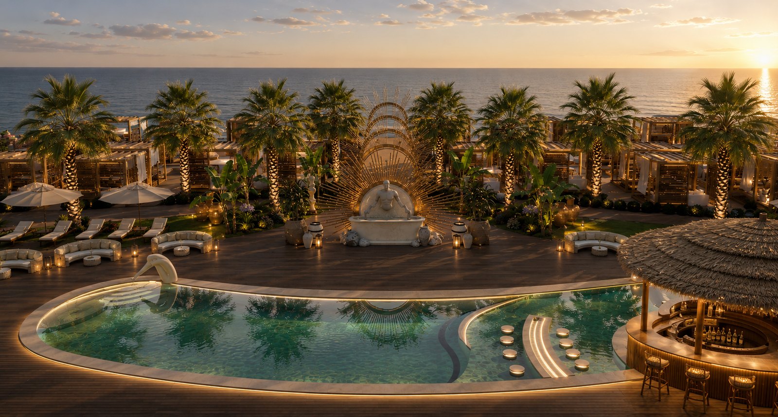 Pool terrace, planted garden rooms and the sea at Terramar.