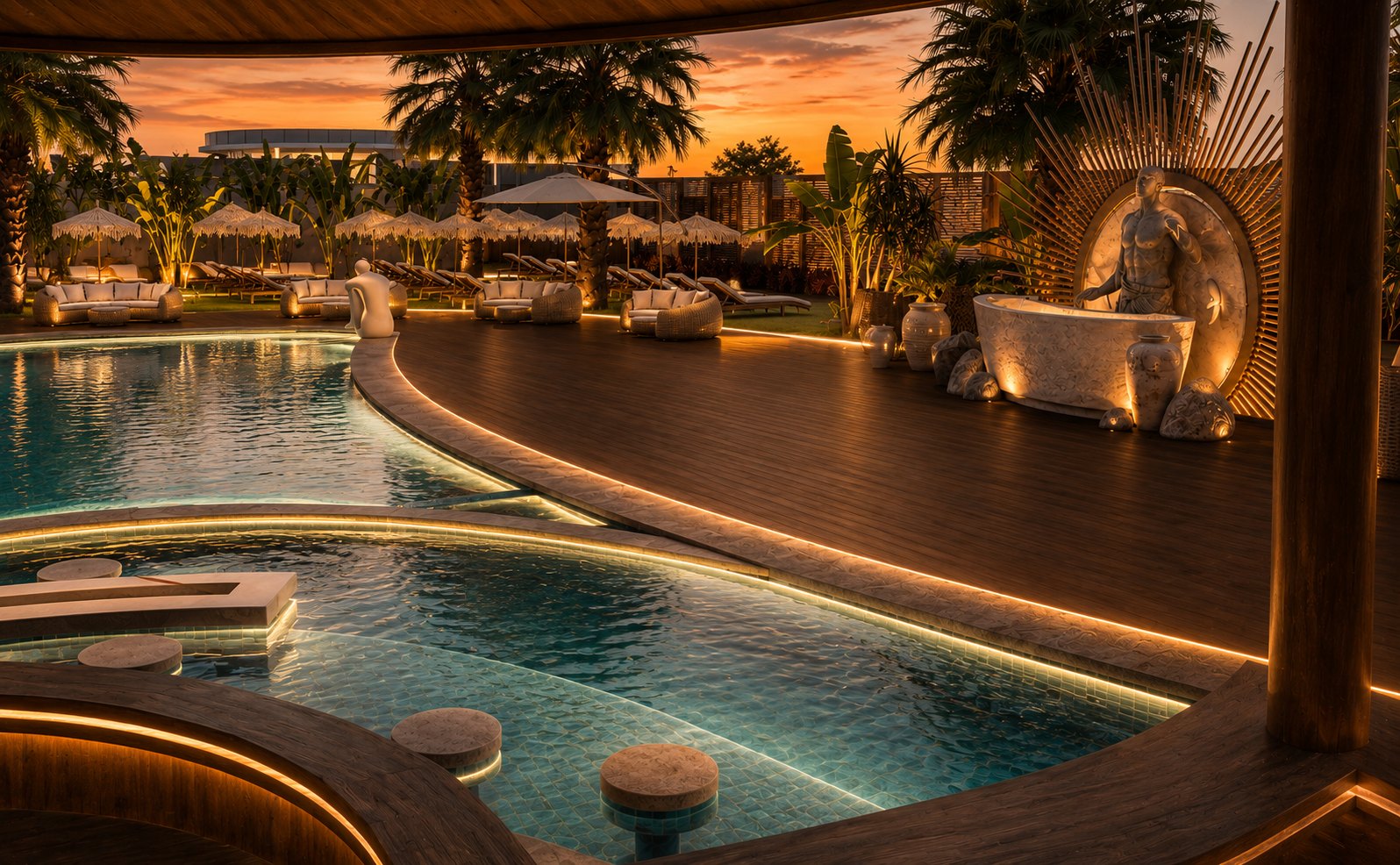 Illuminated pool terrace and deck seating at dusk.