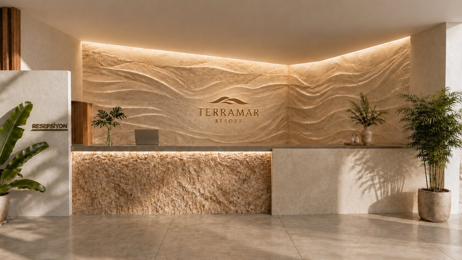 Reception space with textured mineral surfaces and integrated lighting.