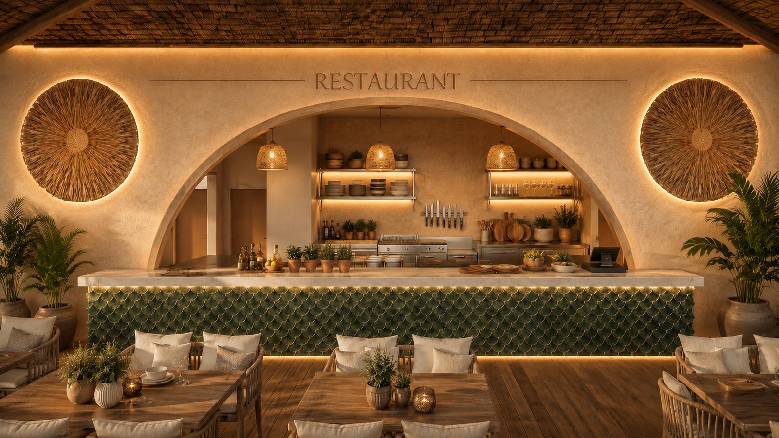 Restaurant facade with green glazed tile, timber and woven lighting.