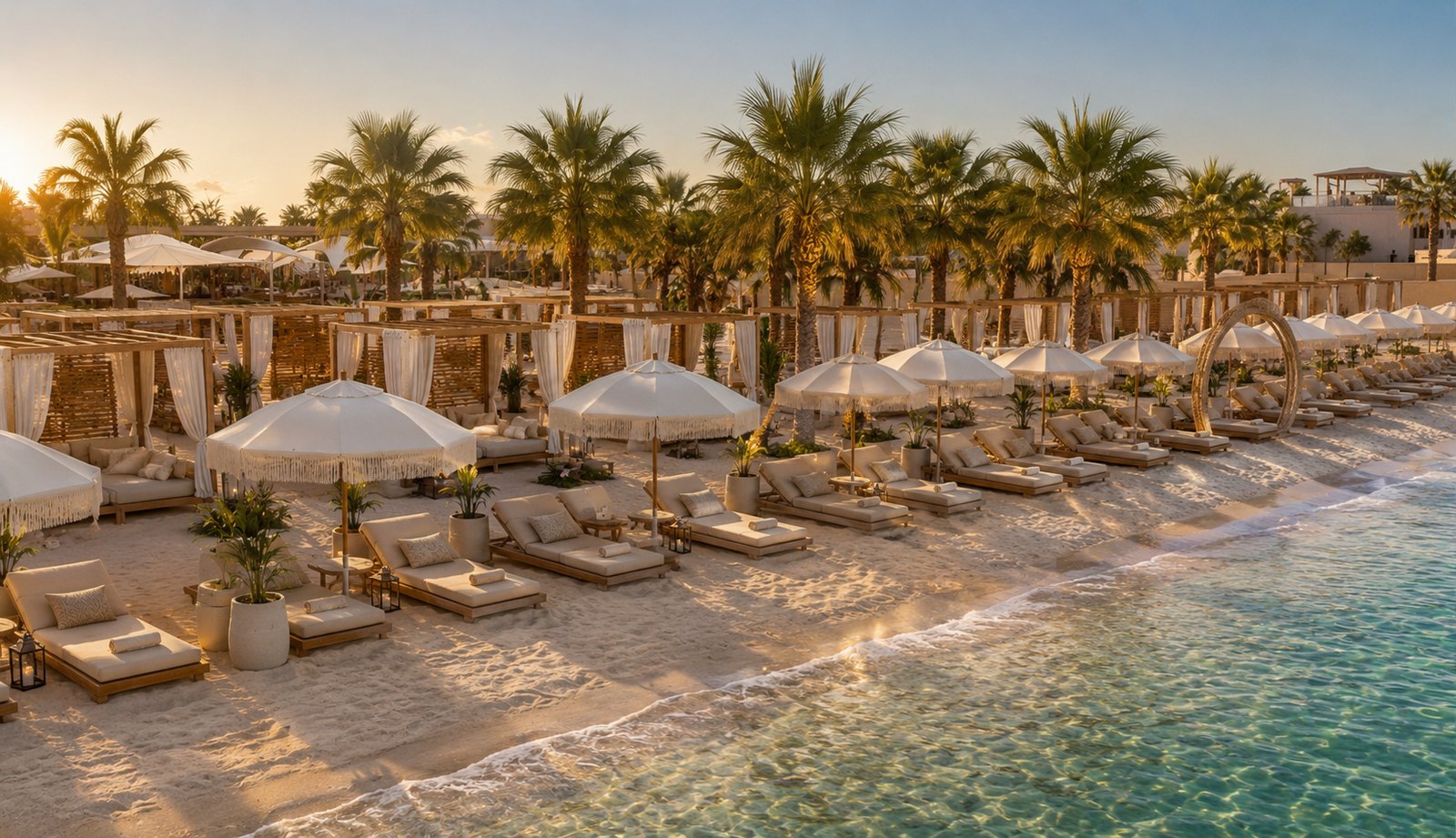 Beach seating, shade structures and sea access along the coastal edge.