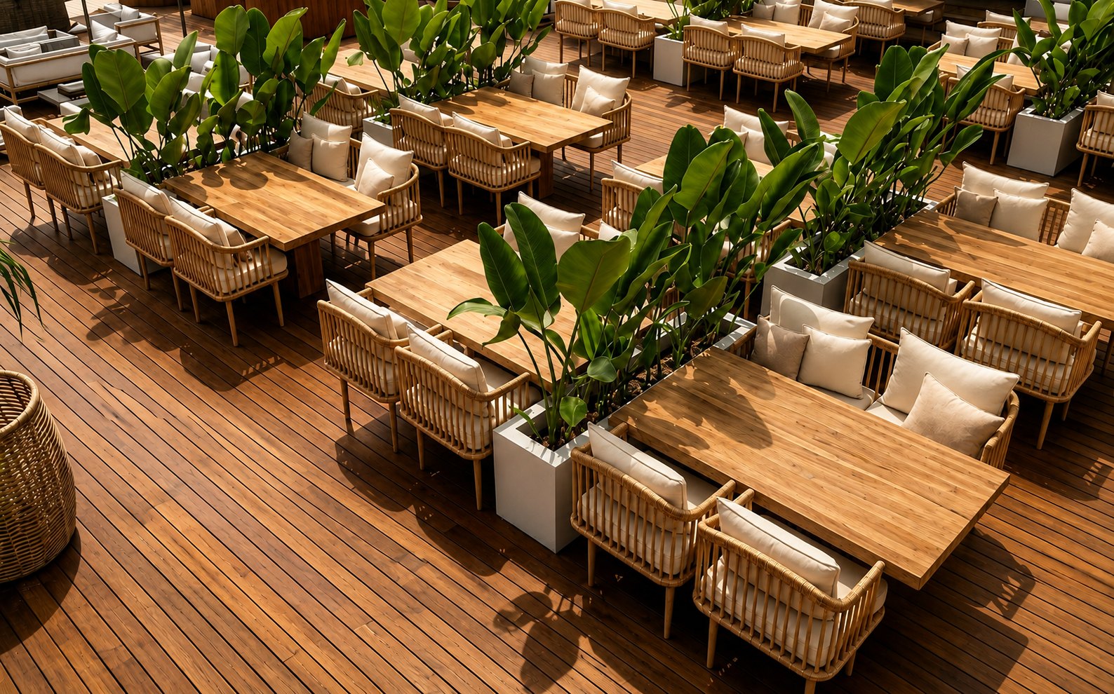 Timber tables, woven seating, cream textile and planted dividers.